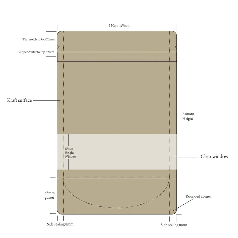 Pack Doypack Kraft con ventana 15 x 23 cm x 45+45 mm